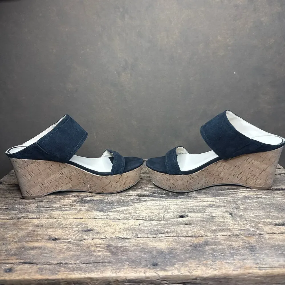 Marc Fisher Shelbee Navy Suede Cork Wedge Sandals Women’s 8.5M Leather Upper